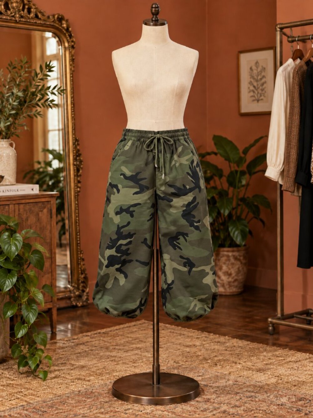 Casual Camo Print Jogger Capri Pants Elastic High Waist w/ Adjustable Drawstring